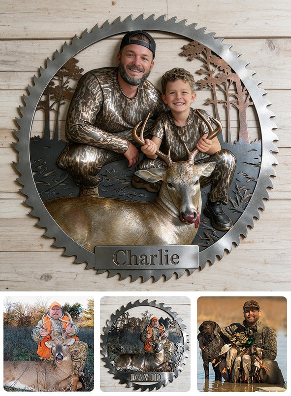 Personalized Hunter and Child with Deer 3D Cut Metal Sign Hunting Wall Decor