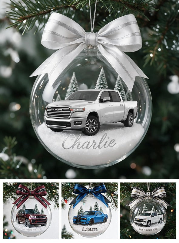 Personalized Christmas White Ram Pickup Truck Snow Globe Ornament Truck Lover Gift