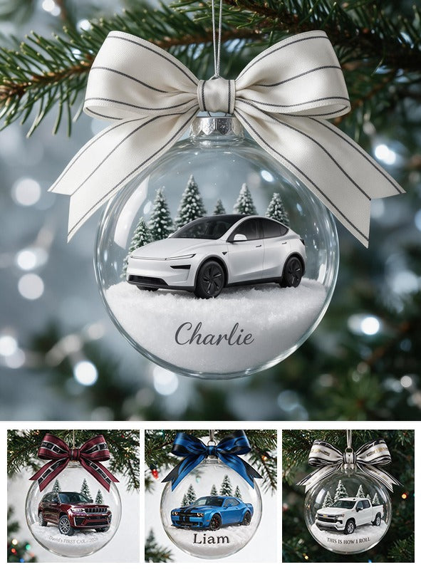 Personalized Christmas White Electric Car Snow Globe Ornament Car Lover Gift
