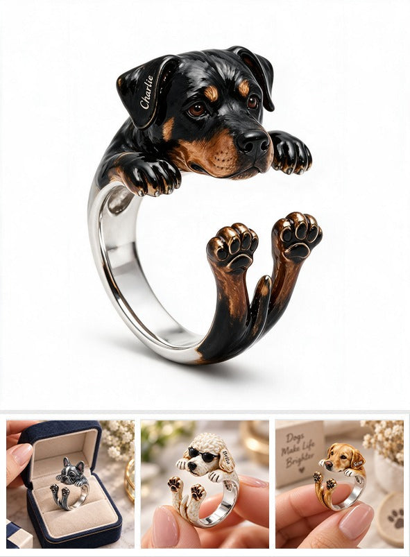 Personalized Black and Tan Rottweiler Adjustable Ring Dog Lover Gift