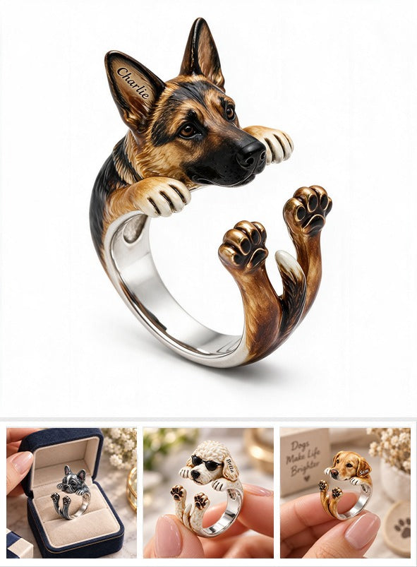 Personalized Black and Tan German Shepherd Adjustable Ring Dog Owner Gift