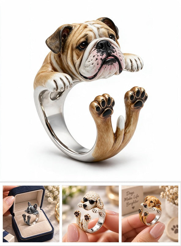Personalized Fawn and White Adult Bulldog Adjustable Ring Dog Lover Gift