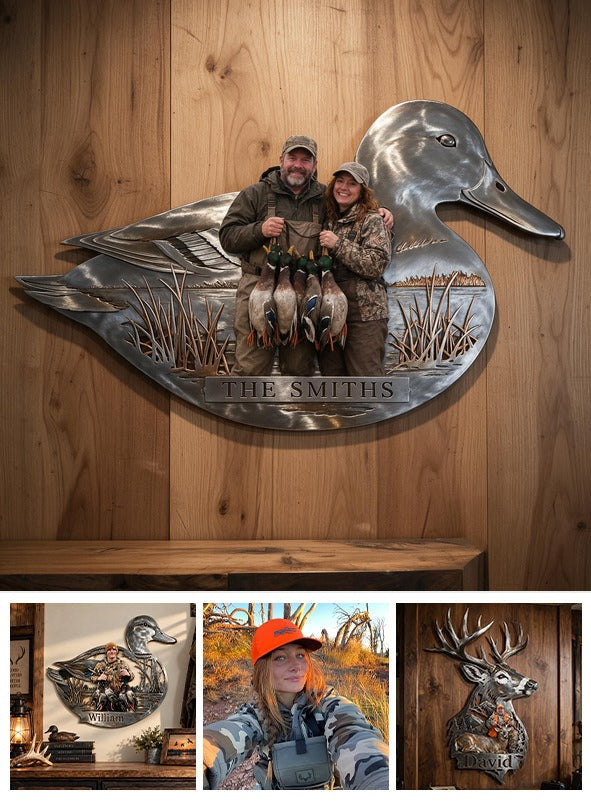 Personalized Custom Photo Middle-aged Duck Hunting Couple 3D Cut Metal Sign Hunting Wall Decor