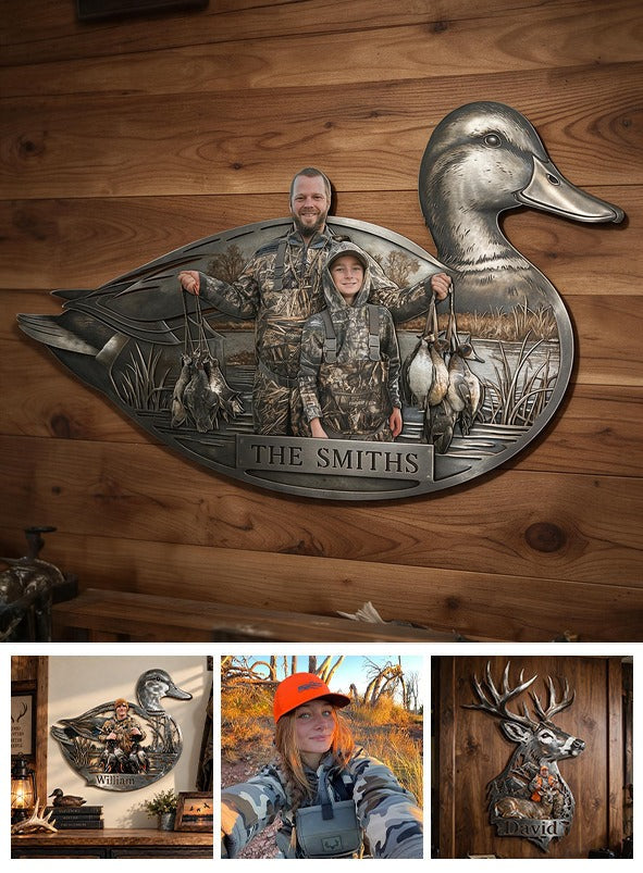 Personalized Custom Photo Father and Child Duck Hunters 3D Cut Metal Sign Hunting Decor