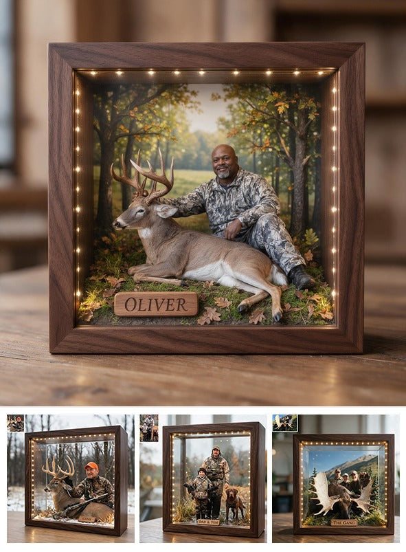 Personalized Custom Photo Middle-Aged Black Hunter with Deer Wooden LED Light Frame Hunting Gift