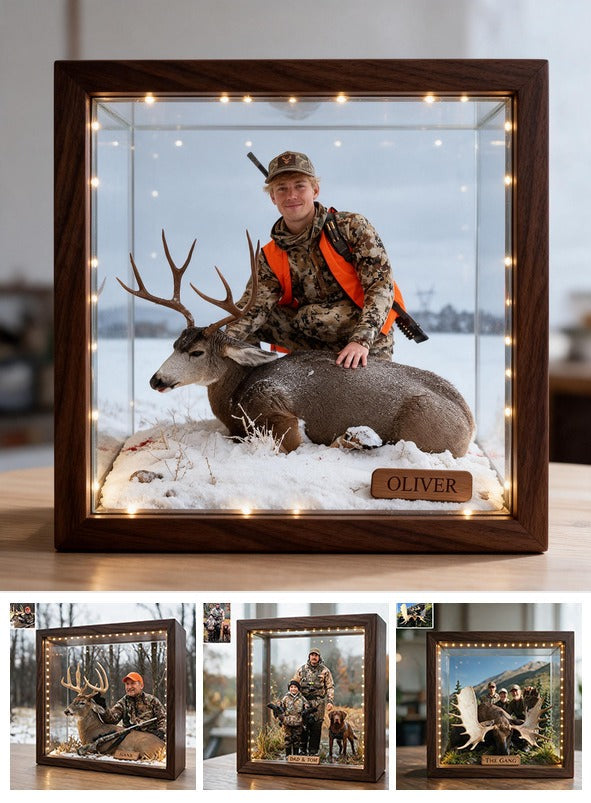 Personalized Custom Photo Hunter with Deer Wooden Frame LED Light Hunting Gift