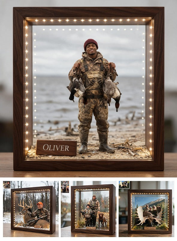 Personalized Custom Photo Black Duck Hunter Wooden Frame LED Light Hunting Gift
