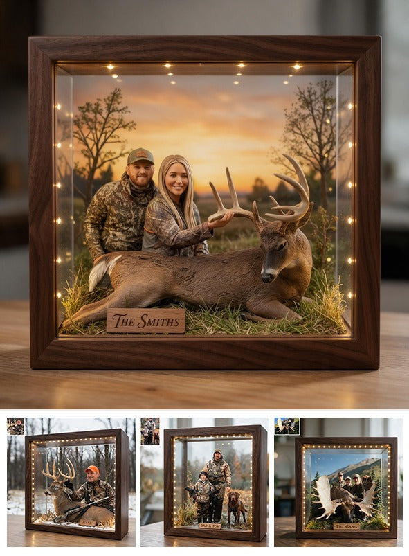 Personalized Custom Photo Hunting Couple with Deer Wooden Frame LED Light Hunting Decor Gift