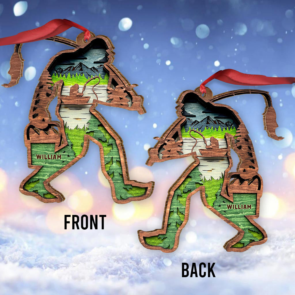 Bigfoot With Fishing Pole - Personalized Fishing Ornament