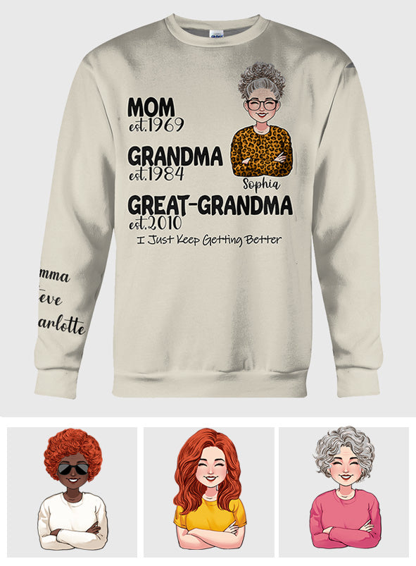 Mama, Oma, Uroma – Geschenk für Oma – Personalisiertes T-Shirt mit Rundum-Print