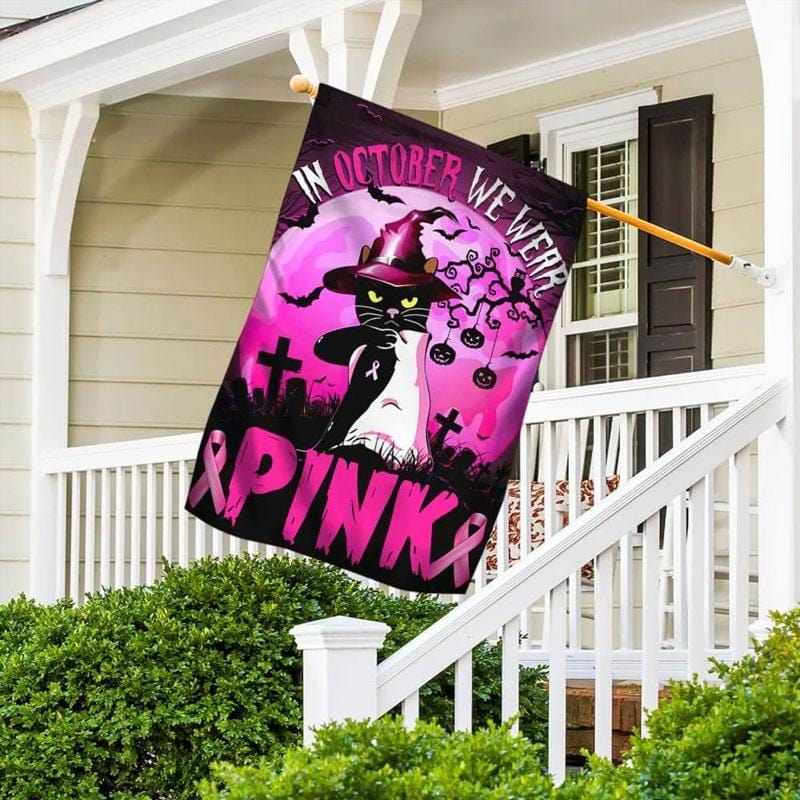 En octobre, nous portons du rose : ruban rose pour Halloween et chat – Drapeau de sensibilisation au cancer du sein 0822