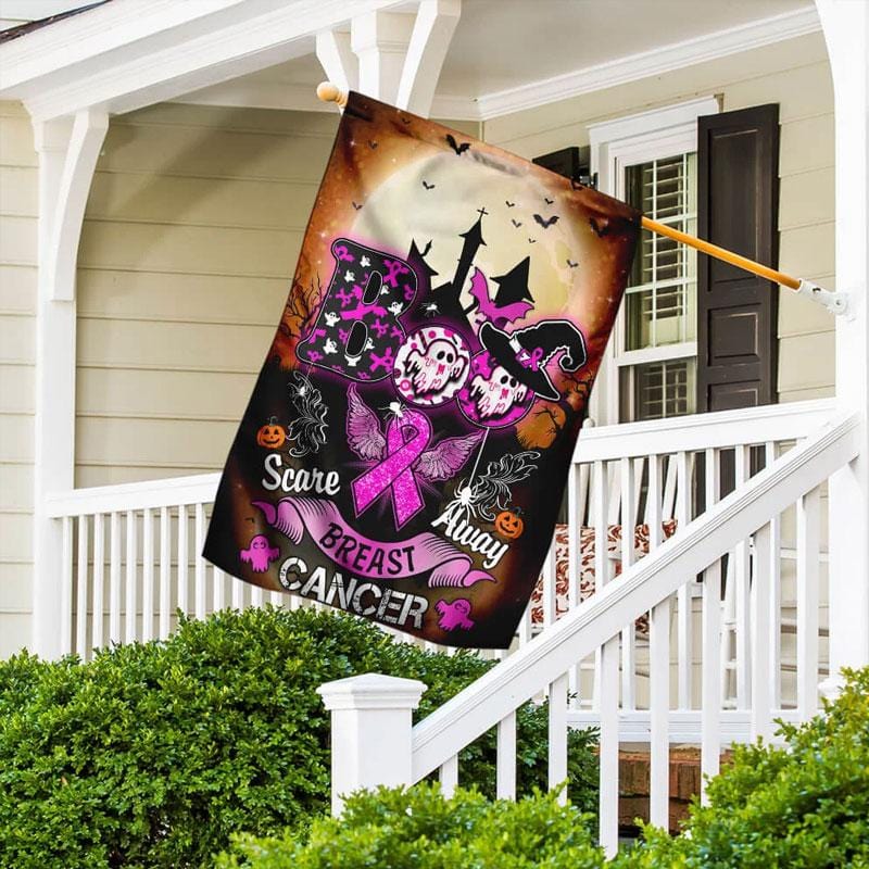 Grusel-Halloween-Hausflagge mit rosa Schleife – Brustkrebsbewusstsein 0822