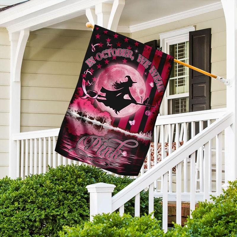 Im Oktober tragen wir rosa Halloween-Katzenschleife und Hexen-Hausflagge – Brustkrebsbewusstsein 0822