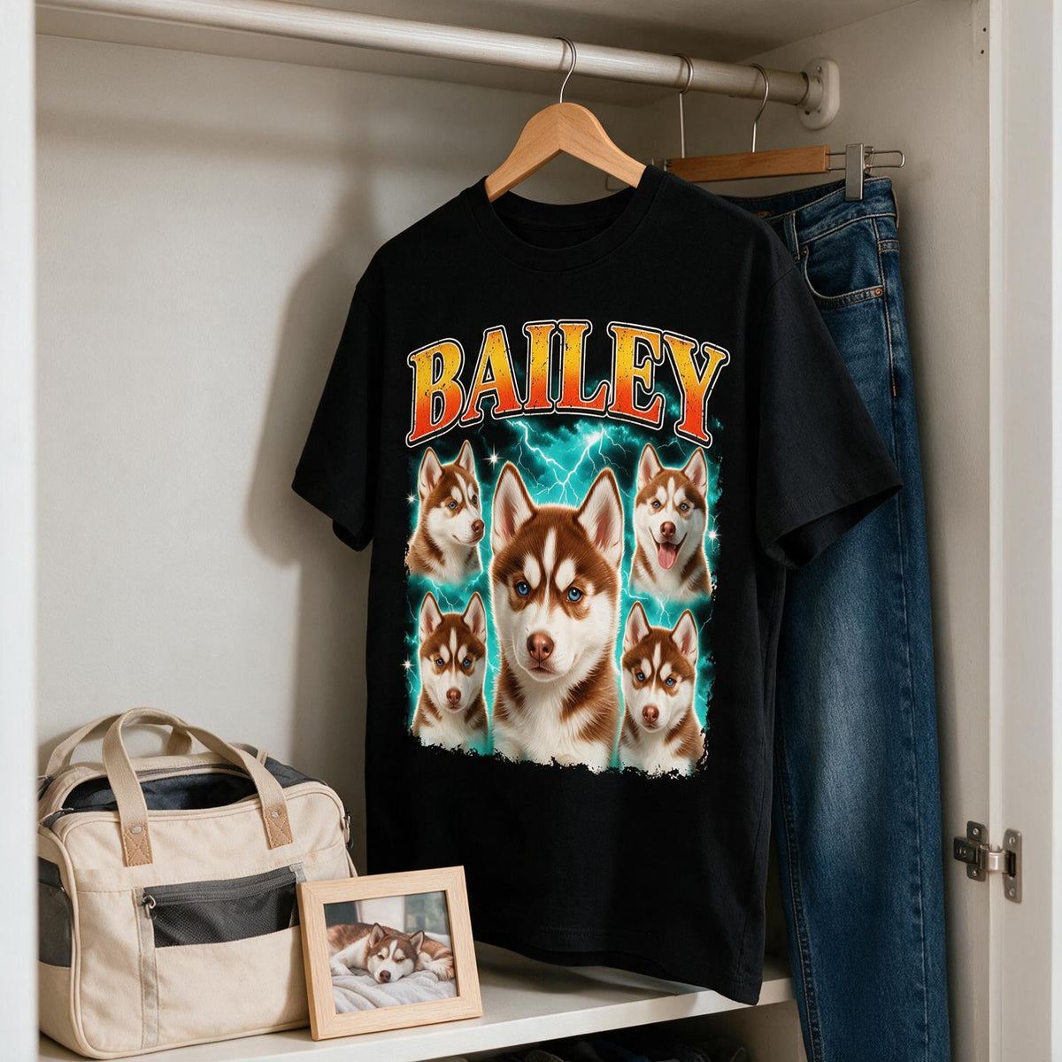 Custom Photo Red Husky Vintage 90s Rap Bootleg T-Shirt, Retro Dog Lover Gift Tee