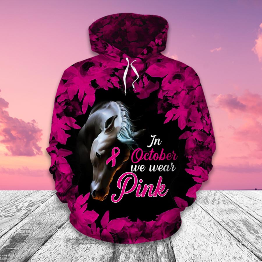 Pferd im Oktober tragen wir Pink – T-Shirt und Hoodie zur Sensibilisierung für Brustkrebs 0822