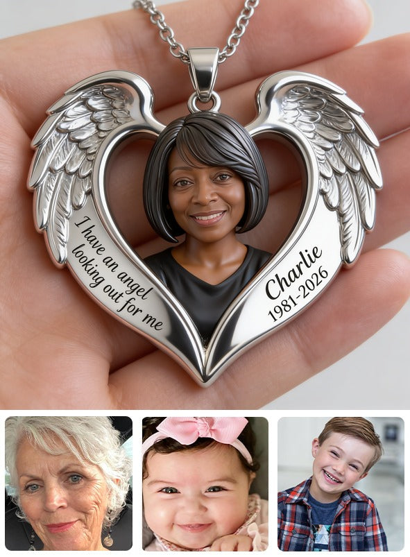 Personalized Middle-Aged Black Woman Memorial Angel Wing Pendant Necklace