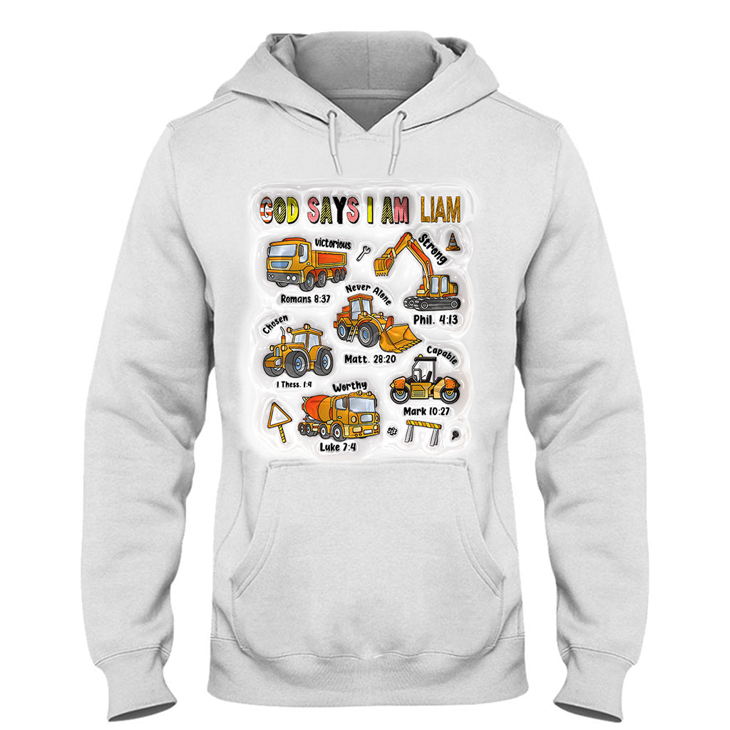 God Says I Am And Construction Car - Personalized Kid T-shirt And Hoodie