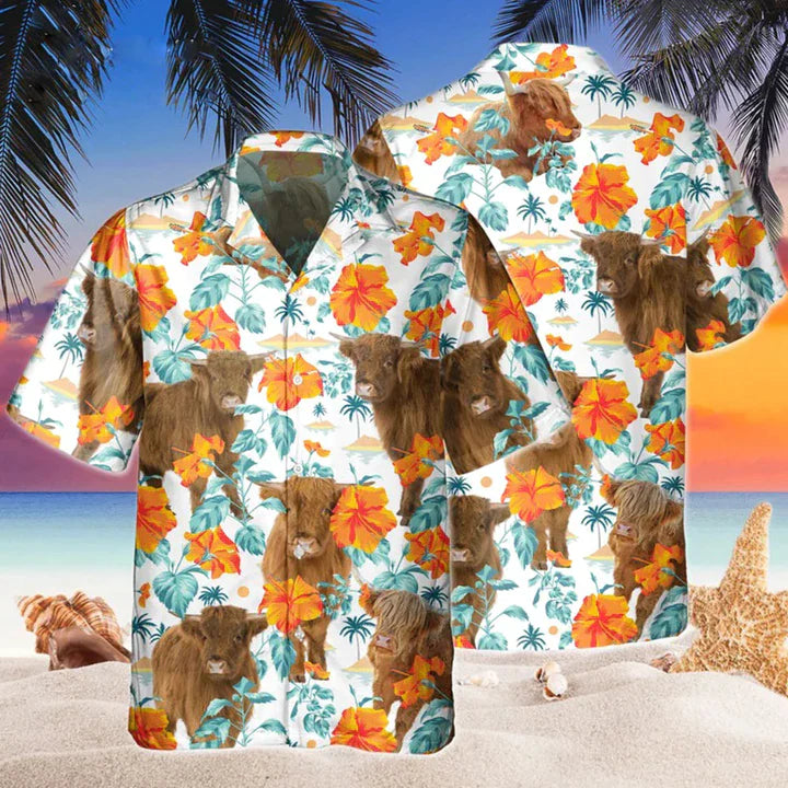 Leuchtender Hibiskus und Hochlandrind Hochlandrind Hawaiihemd 0624