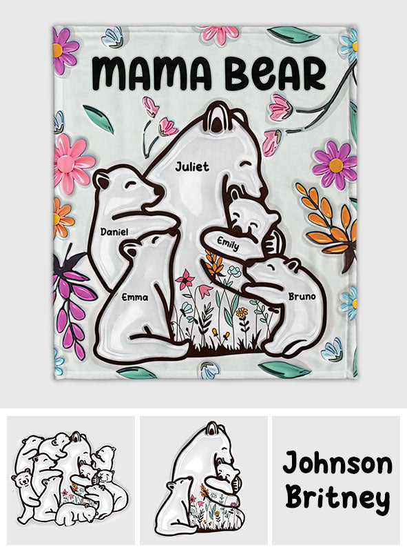 Mama Bear Huggings Her Cubs Floral Style - Personalized Mother Blanket