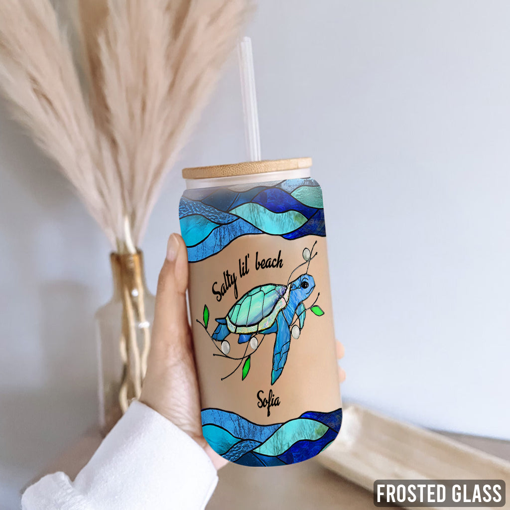 Salty Lil' Beach Blue Ocean Summer Vibes - Personalized Turtle Can Glass