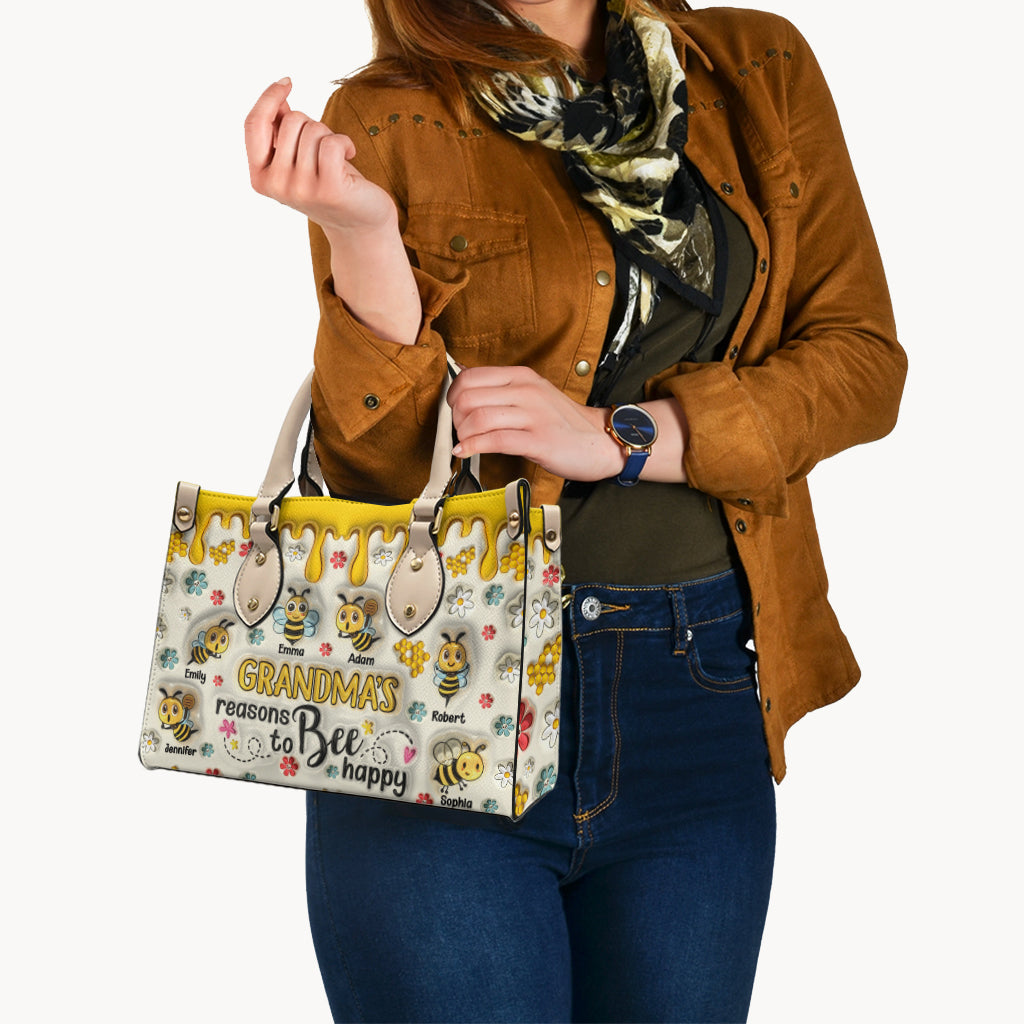 Grandma's Reasons To Bee Happy - Personalized Grandma Leather Handbag