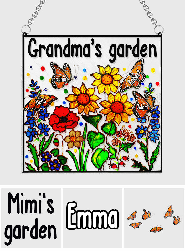 Grandma's Garden With Butterfly - Personalized Grandma Window Hanging Suncatcher Ornament