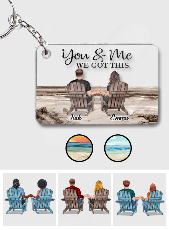 Couple Sitting Back View Retro Vintage Beach Landscape - Personalized Couple Transparent Keychain