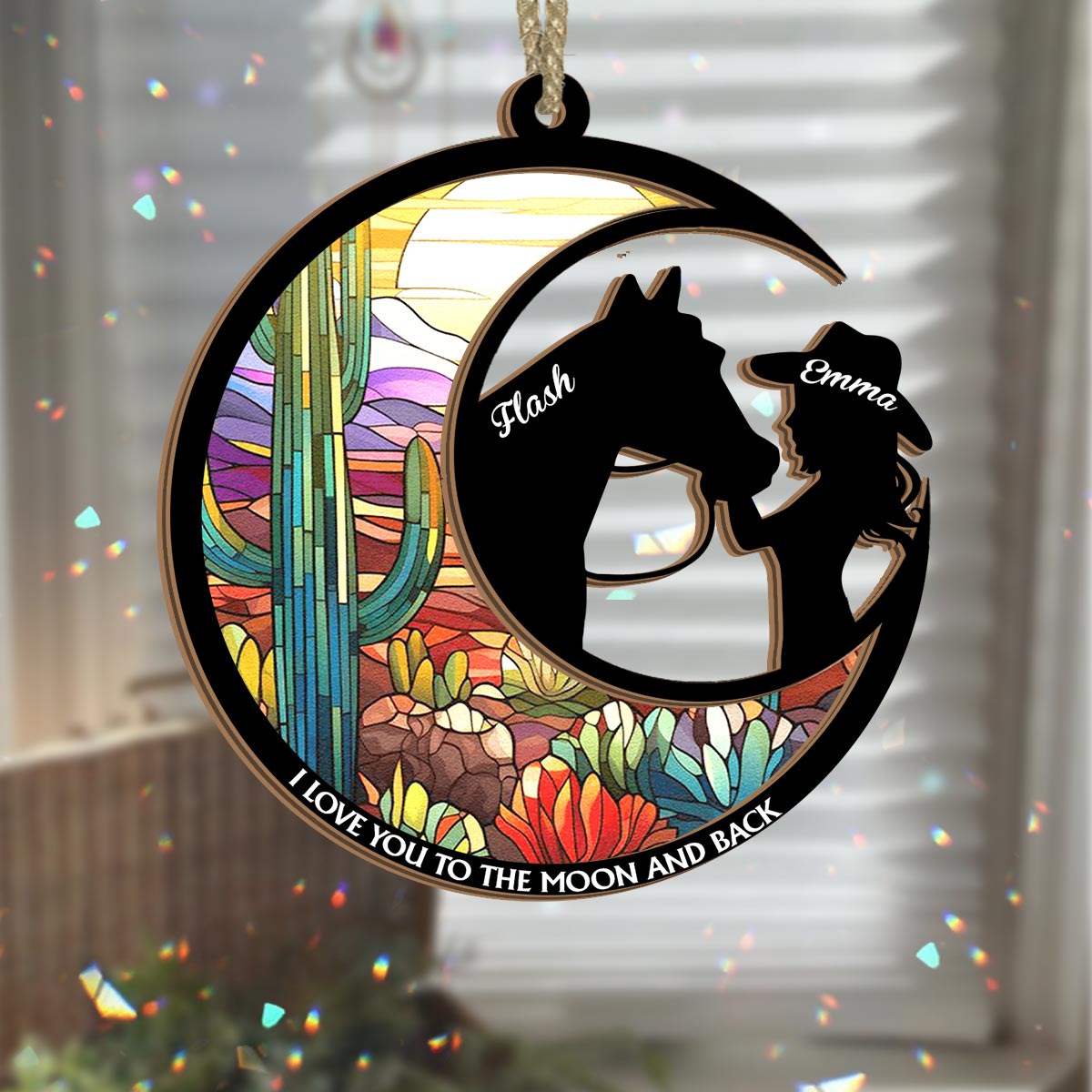 I Love You To The Moon Horse Girl Stained Glass - Personalized Horse 2 Layered Window Hanging Suncatcher