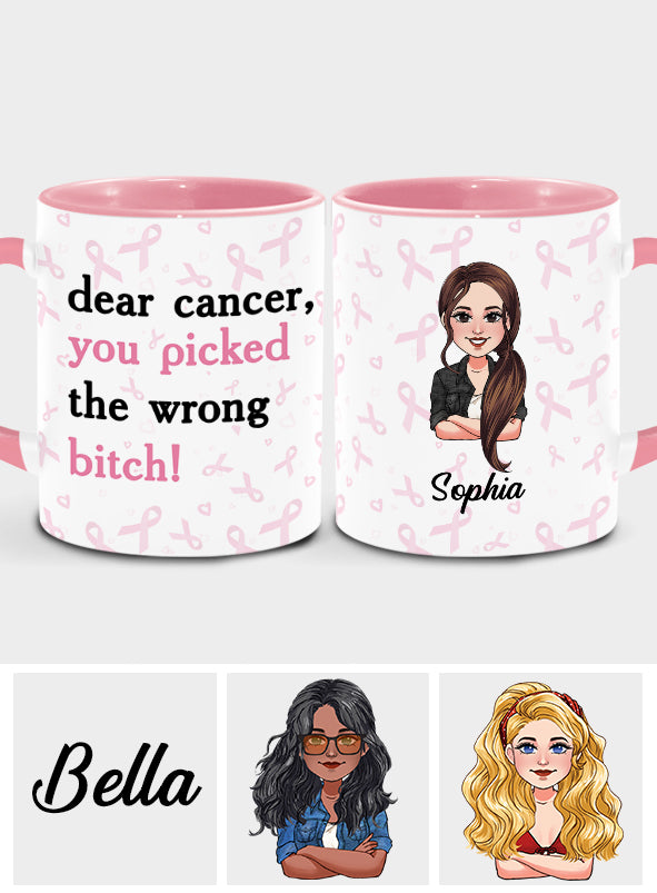 Cher cancer, tu as choisi la mauvaise personne - Mug personnalisé avec anse en forme de cœur pour la sensibilisation au cancer du sein