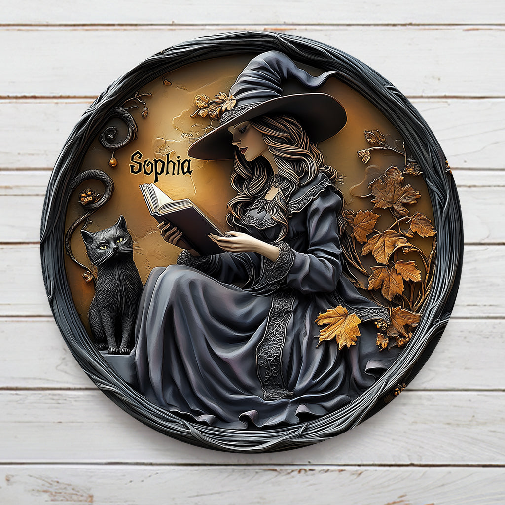 Beautiful Witch & Her Black Cat - Personalized Witch Round Metal Sign