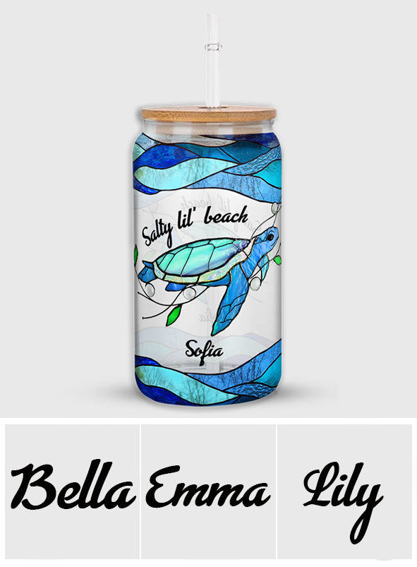 Salty Lil' Beach Blue Ocean Summer Vibes - Personalized Turtle Can Glass