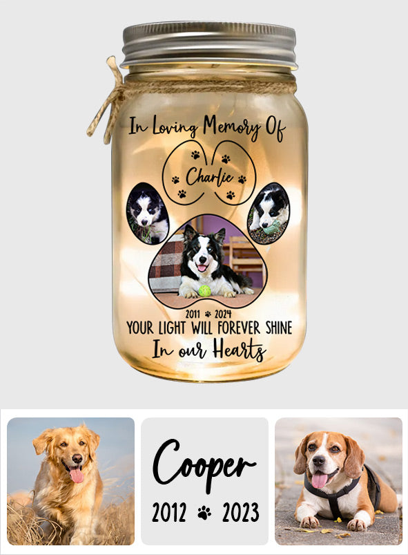 Dein Licht wird für immer in unseren Herzen leuchten – personalisierte Hunde-Einmachglas-Lampe
