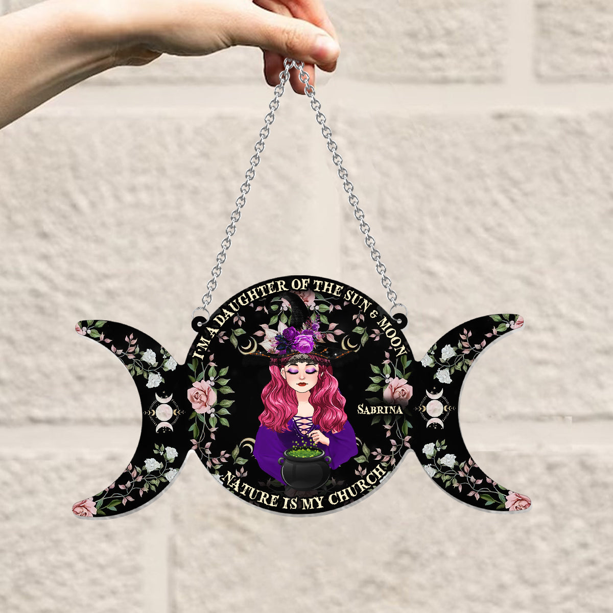I'm A Daughter Of The Sun And Moon, Nature Is My Church - Personalized Witch Window Hanging Suncatcher Ornament