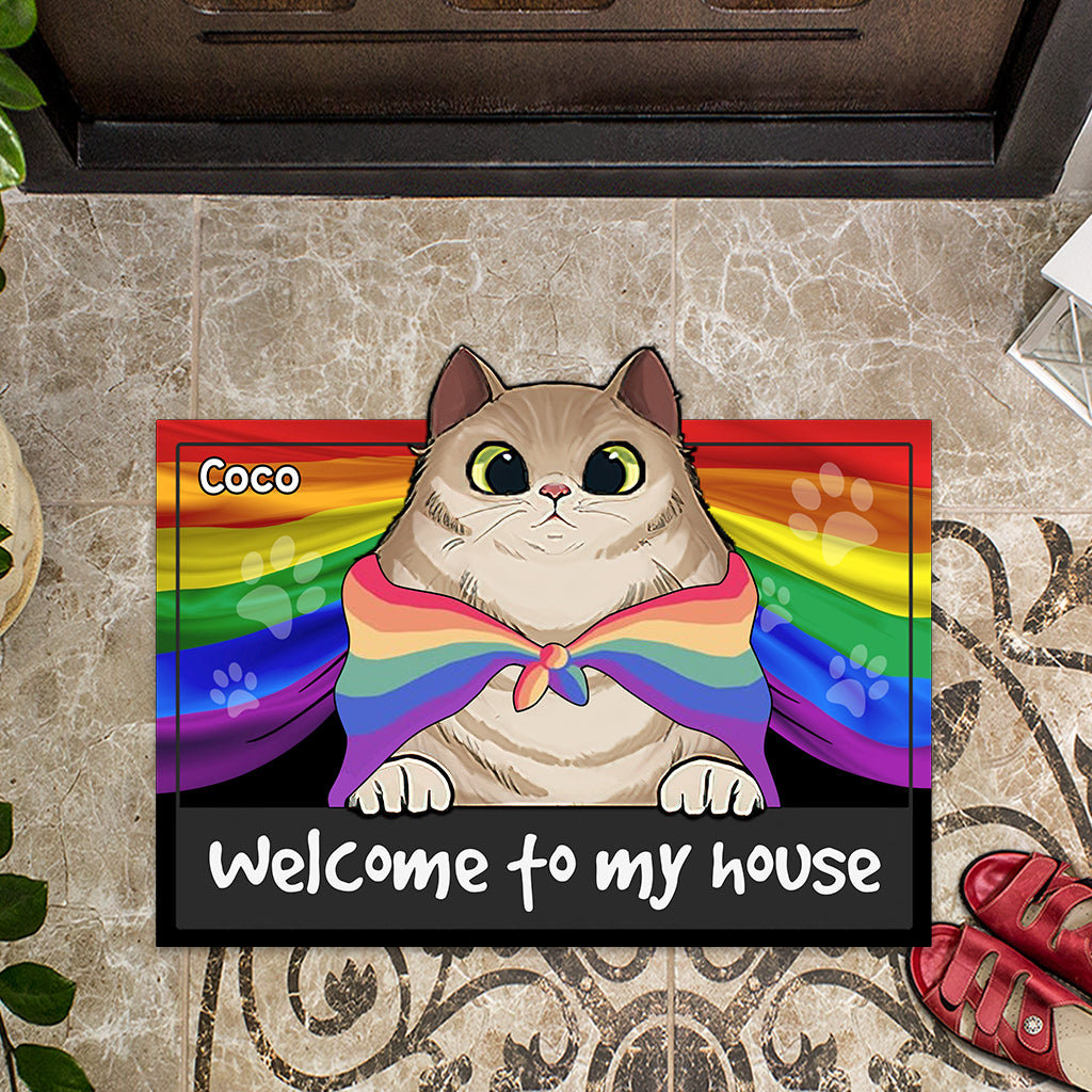Pride Cat Welcome To My House - Personalized Cat Shaped Doormat