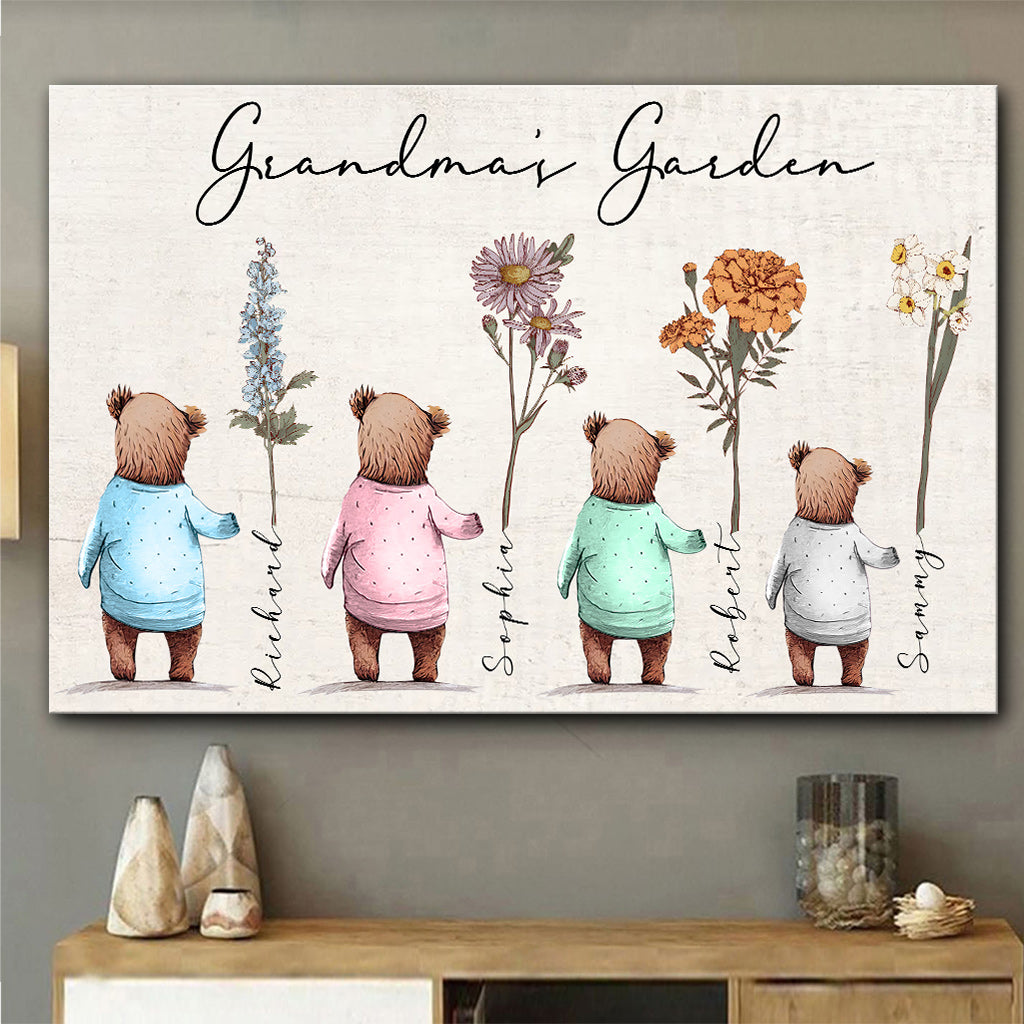 Grandma's Garden Baby Bears Birth Flowers - Personalized Grandma Canvas And Poster
