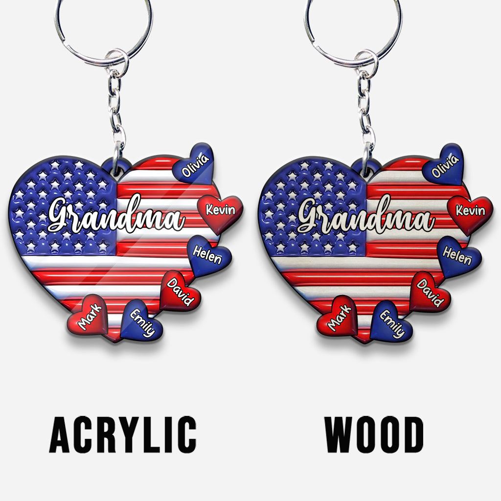 Grandma & Grandkids Puff Heart Flag - Personalized Grandma Keychain