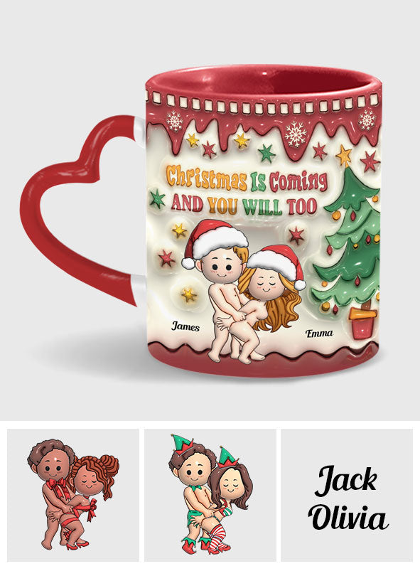Christmas Is Coming - Personalized Couple Heart Handle Mug