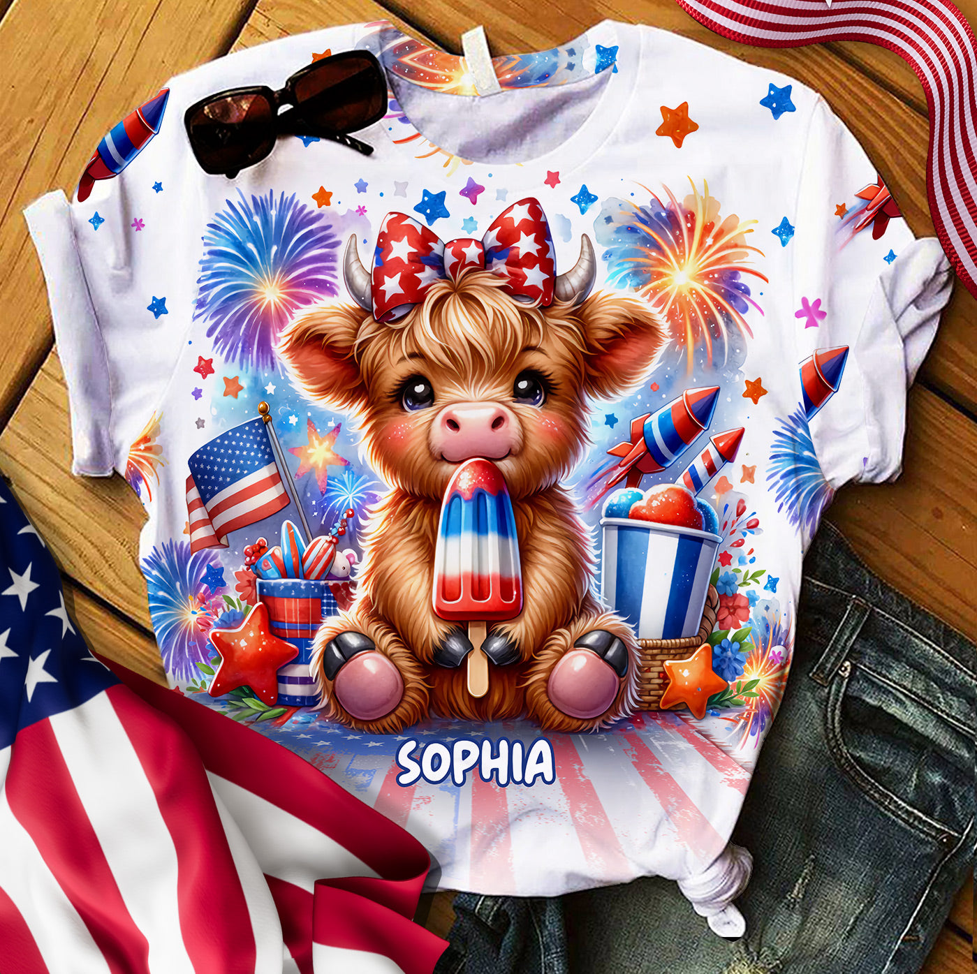 4th Of July Highland Cow - Personalized All Over Shirt
