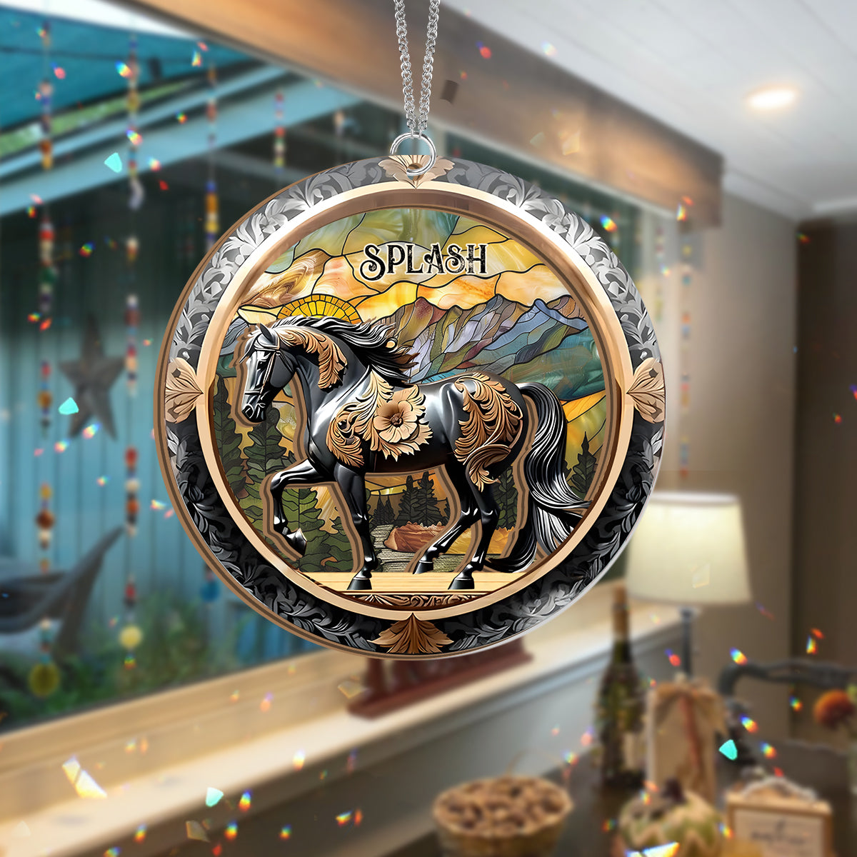 Black Horse In Mountain Sunset - Personalized Horse 2 Layered Window Hanging Suncatcher