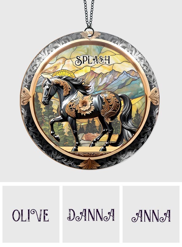 Black Horse In Mountain Sunset - Personalized Horse 2 Layered Window Hanging Suncatcher