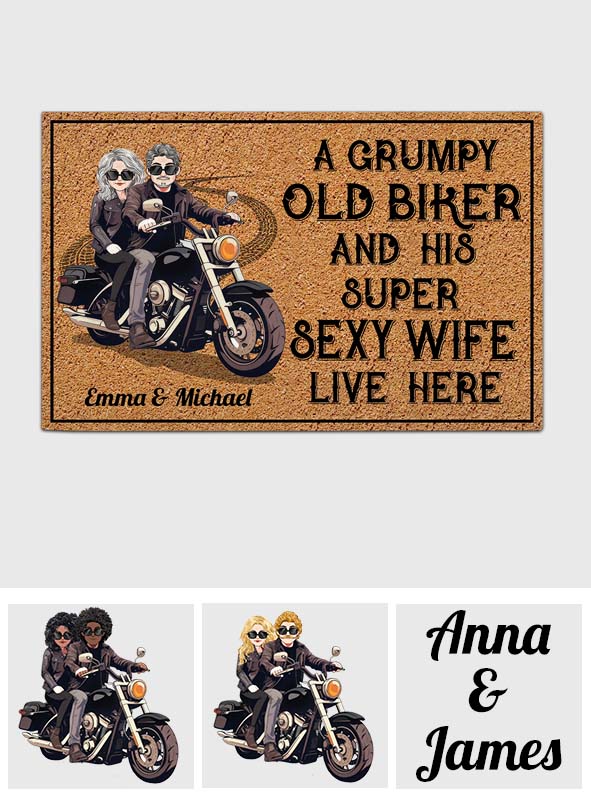Old Biker And His Sexy Wife - Personalized Biker Doormat