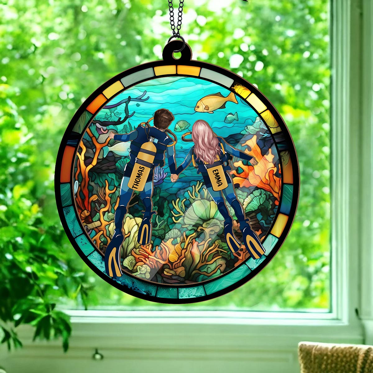 You & Me And The Sea - Personalized Scuba Diving 2 Layered Window Hanging Suncatcher