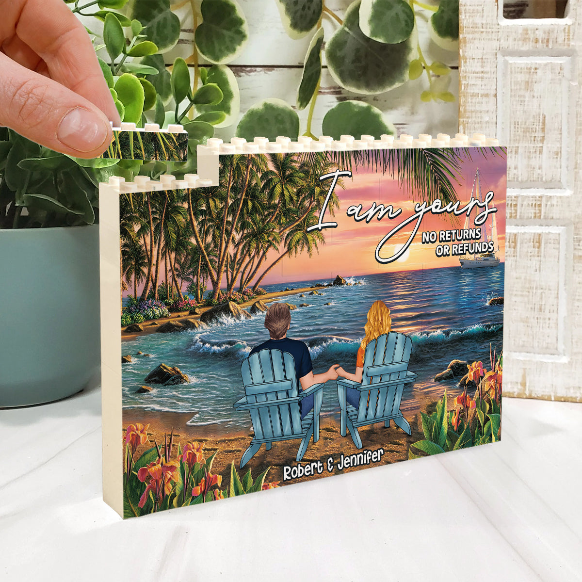Couple Beach Tropical Landscape - Personalized Couple One-sided Horizontal Rectangle Building Brick Blocks