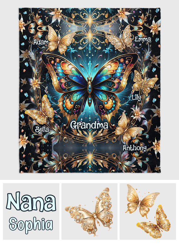 Grandma Life Mom Any Title Stunning Gold Butterfly Version - Personalized Grandma Blanket