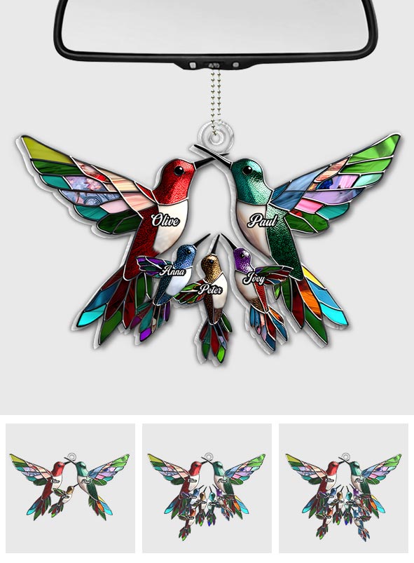 Familienmitglieder, Kolibris, wunderschöne Vögel – personalisierter, individuell geformter Autoanhänger für die Familie