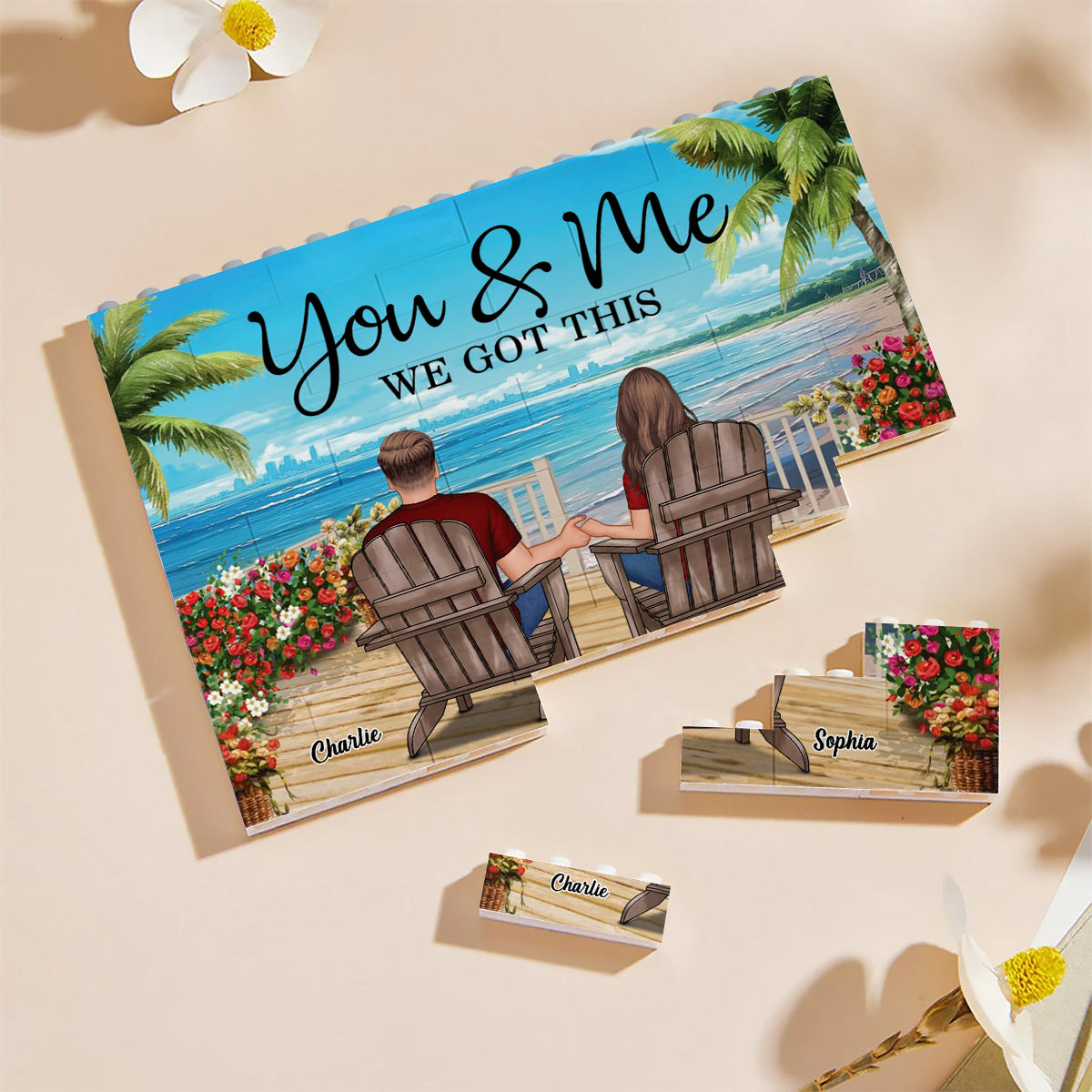 Couple Beach Landscape Retro Vintage - Personalized Couple One-sided Horizontal Rectangle Building Brick Blocks