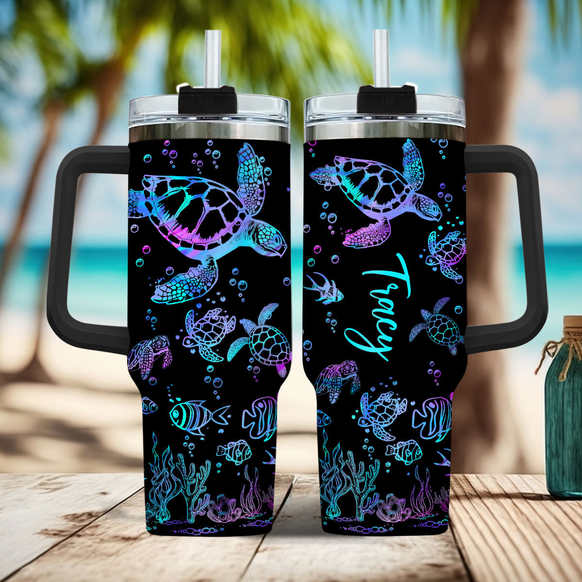 Sea Turtles Custom Name - Personalized Turtle Tumbler With Handle
