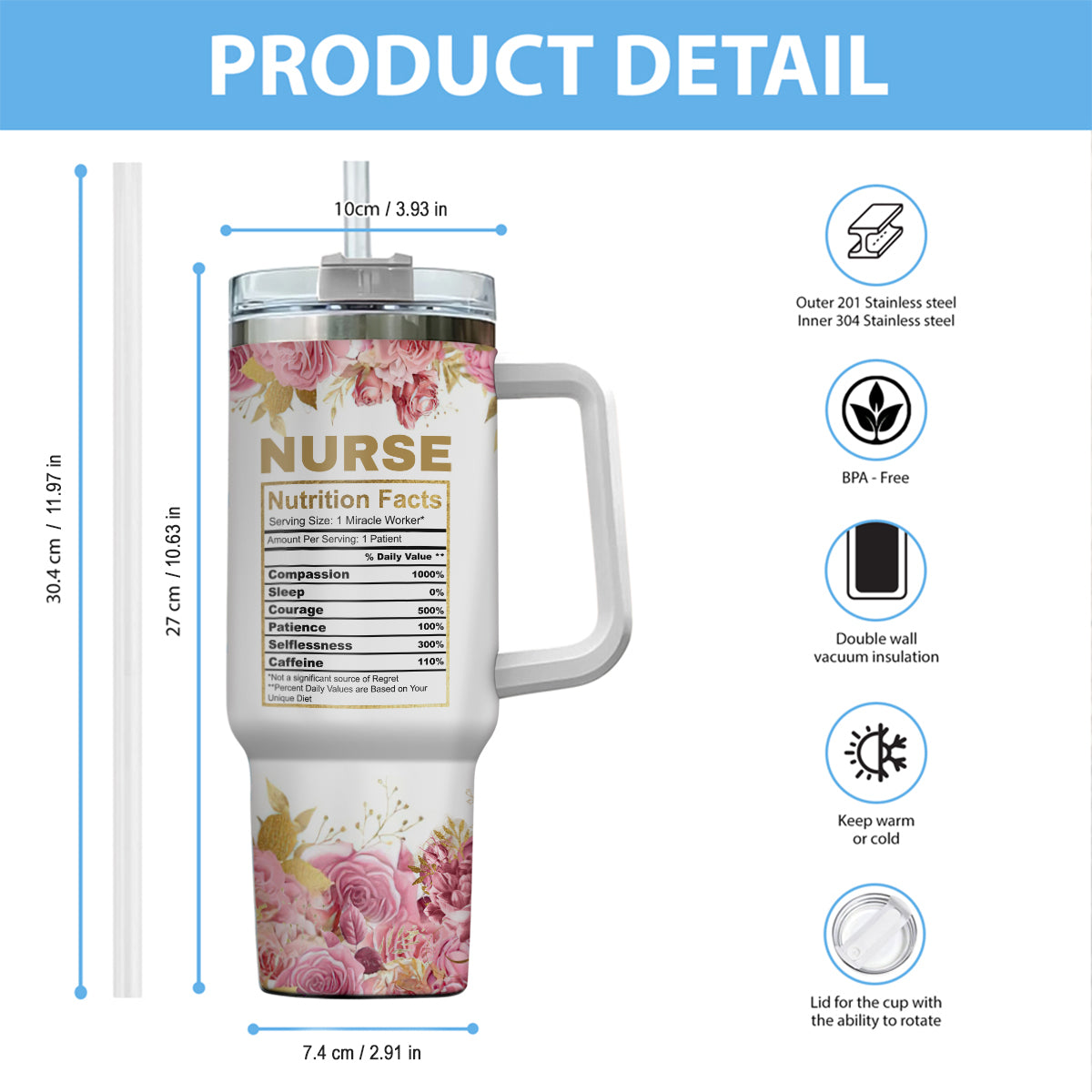 Nurse Nutrition Facts - Personalized Nurse Tumbler With Handle