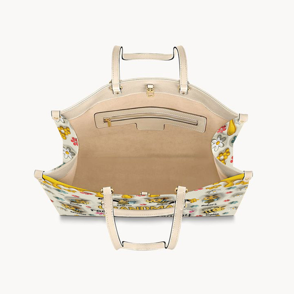 Grandma's Reasons To Bee Happy - Personalized Grandma Leather Handbag
