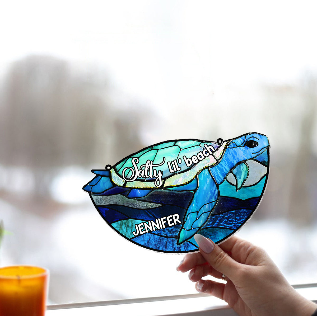 Salty Lil' Beach Blue Ocean Summer Vibes - Personalized Turtle Window Hanging Suncatcher Ornament